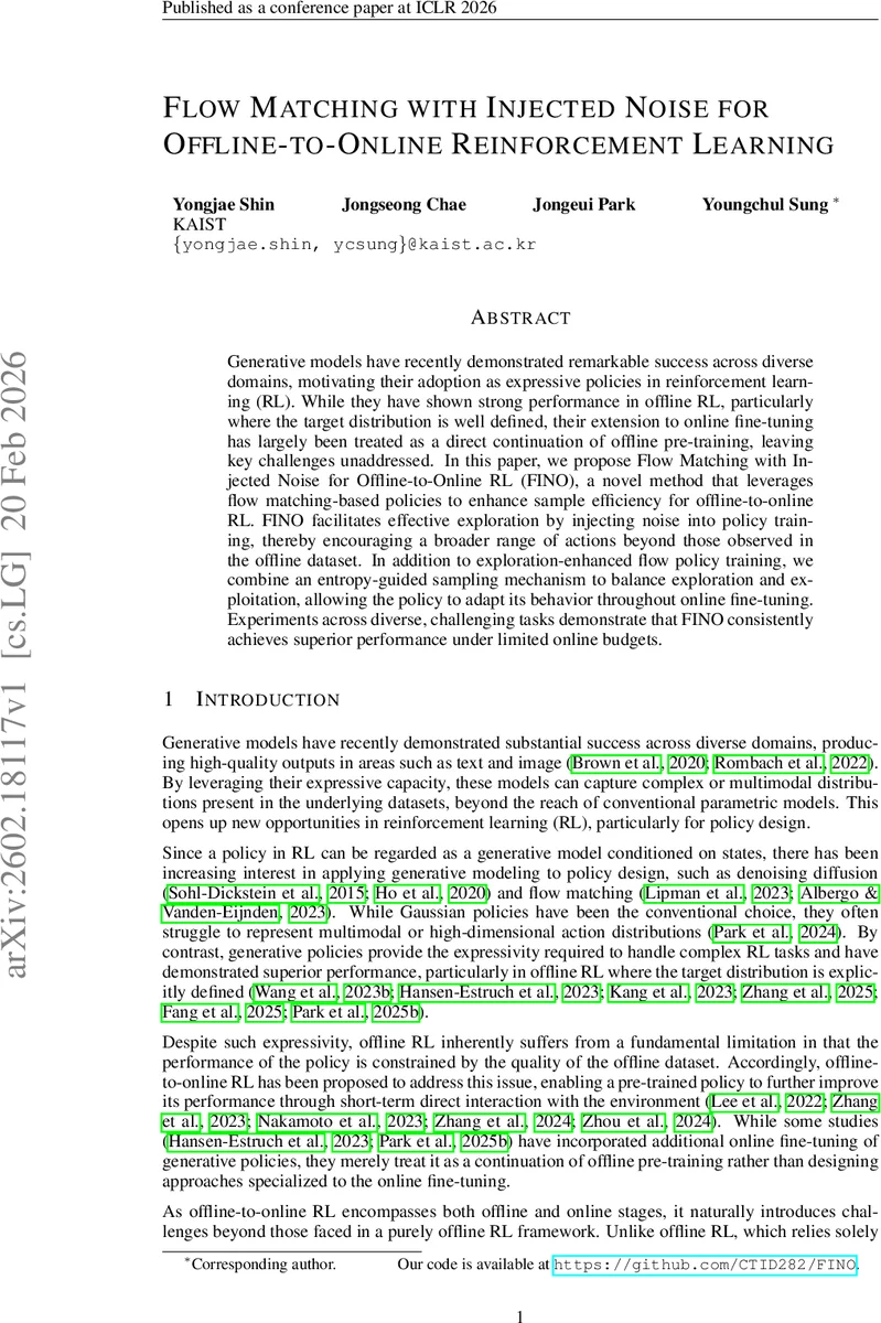 Flow Matching with Injected Noise for Offline-to-Online Reinforcement Learning