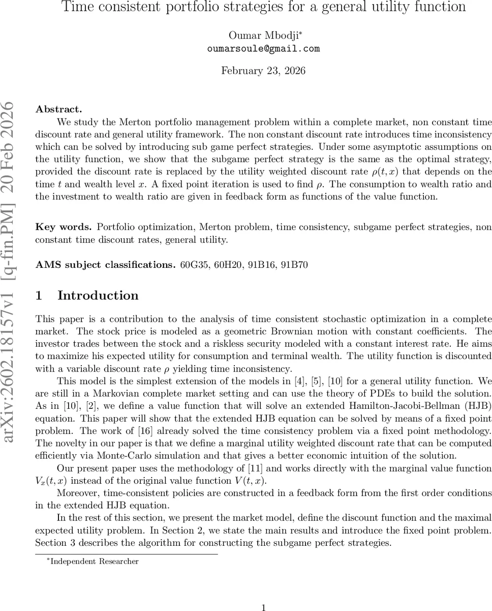 Time consistent portfolio strategies for a general utility function
