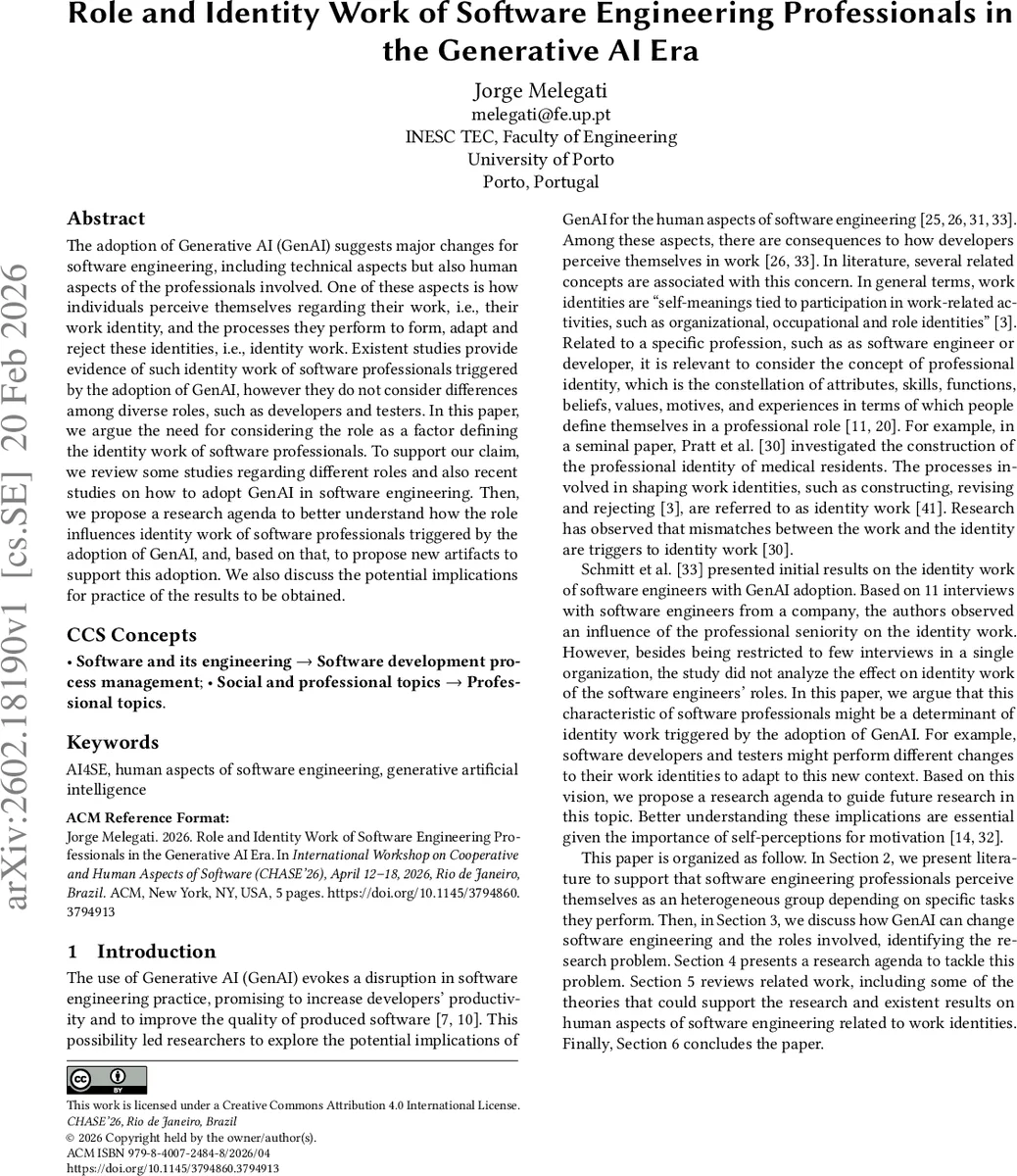 Role and Identity Work of Software Engineering Professionals in the Generative AI Era