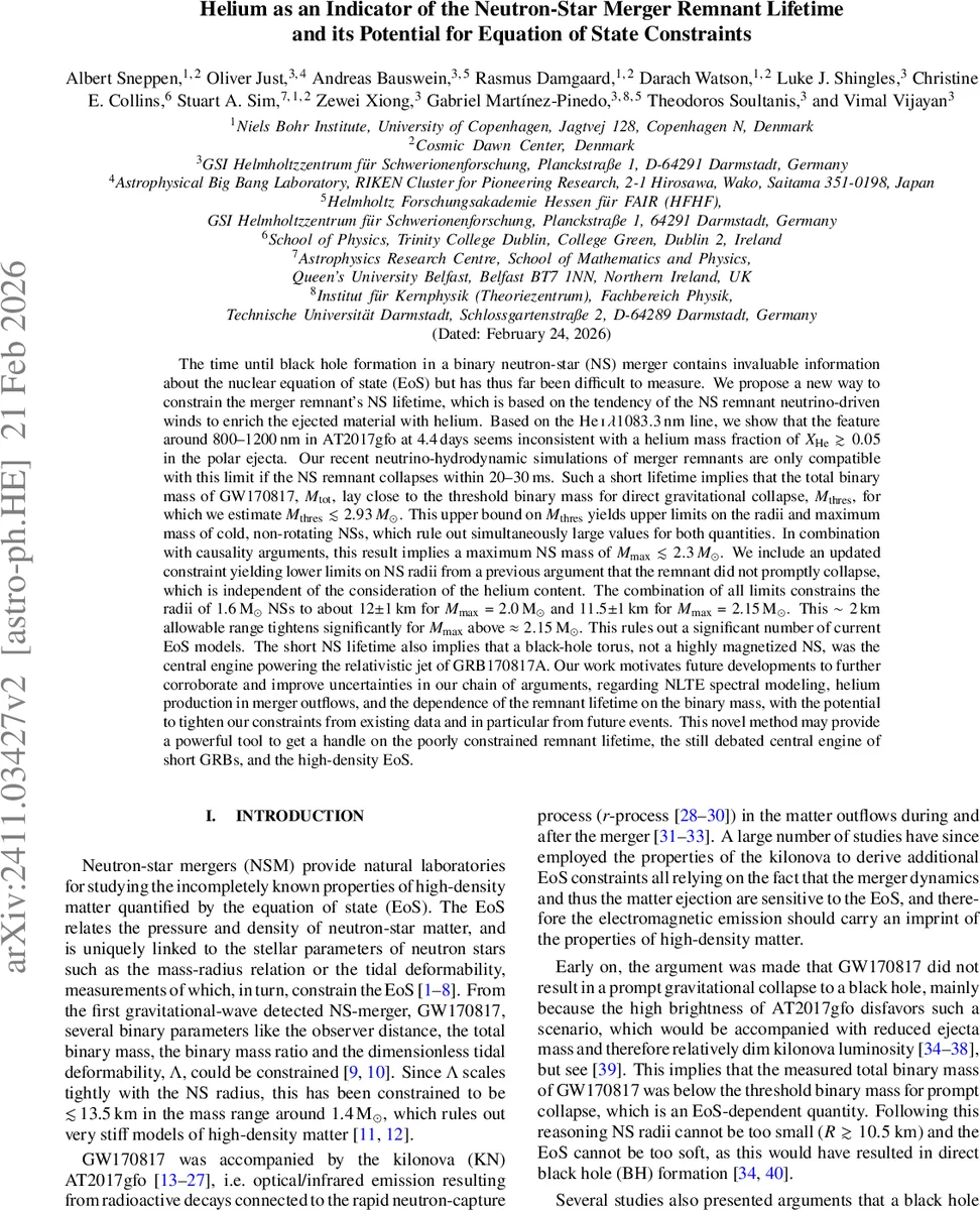 Helium as an Indicator of the Neutron-Star Merger Remnant Lifetime and its Potential for Equation of State Constraints