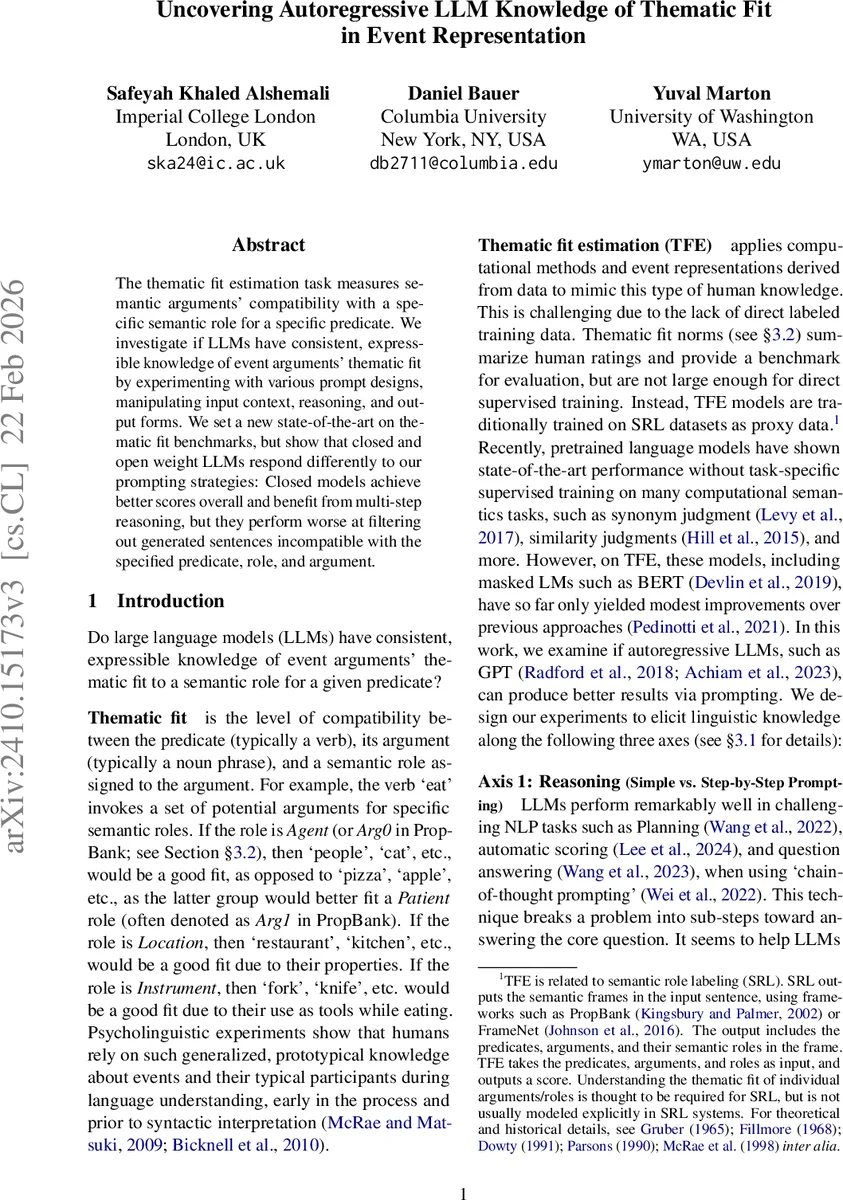 Uncovering Autoregressive LLM Knowledge of Thematic Fit in Event Representation