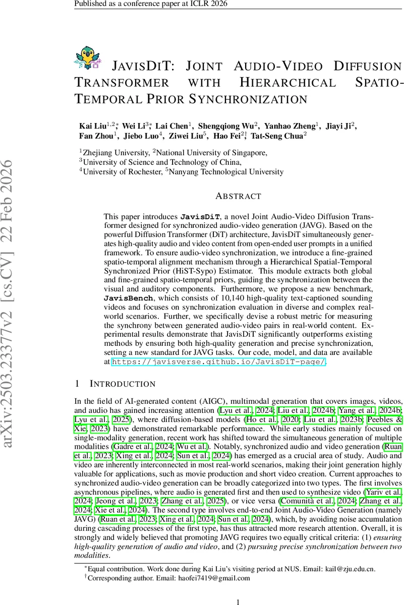 JavisDiT: Joint Audio-Video Diffusion Transformer with Hierarchical Spatio-Temporal Prior Synchronization