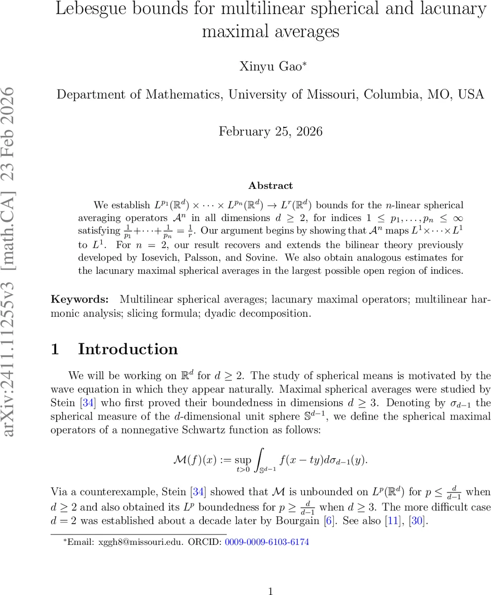 Lebesgue bounds for multilinear spherical and lacunary maximal averages