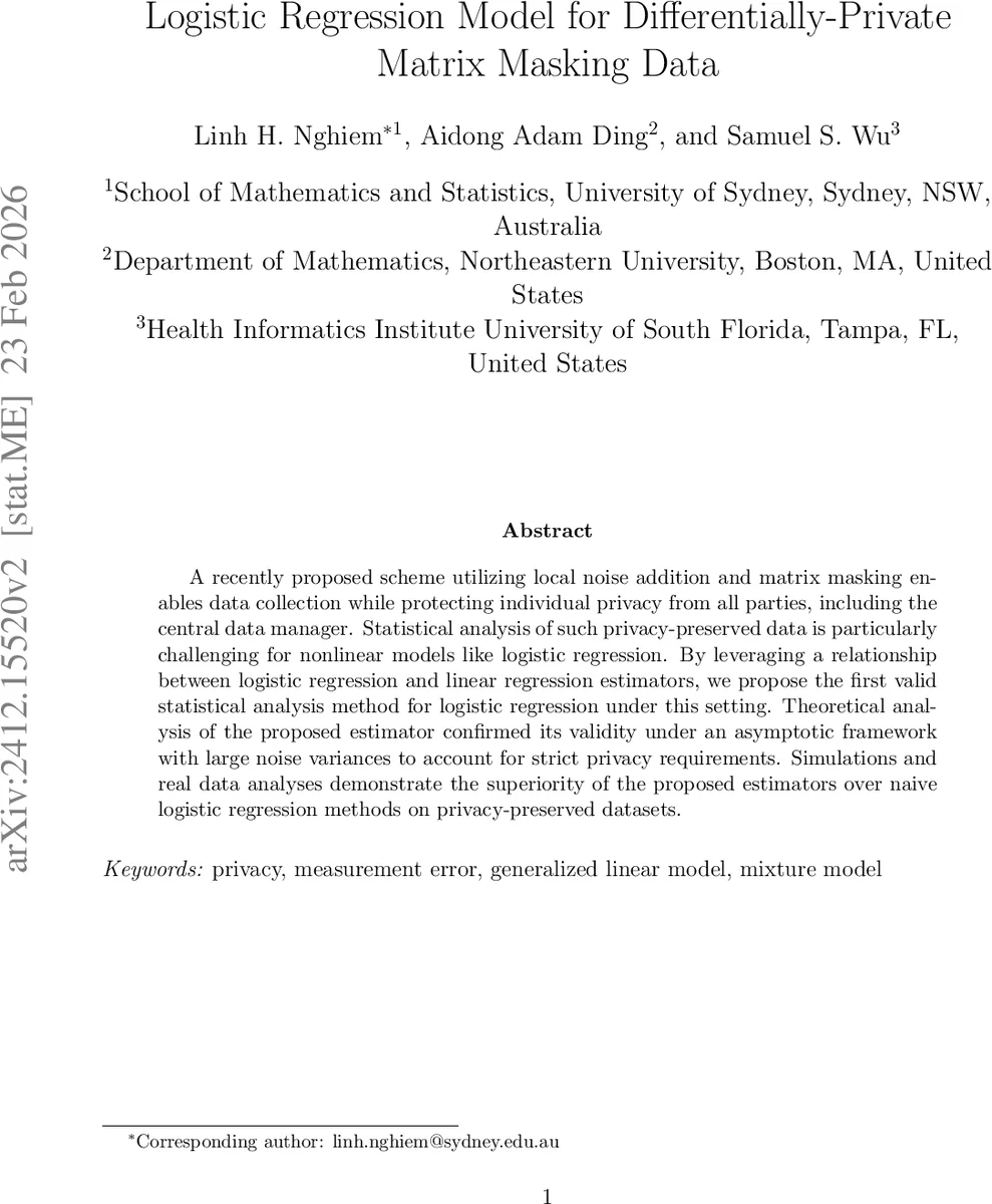 Logistic Regression Model for Differentially-Private Matrix Masked Data