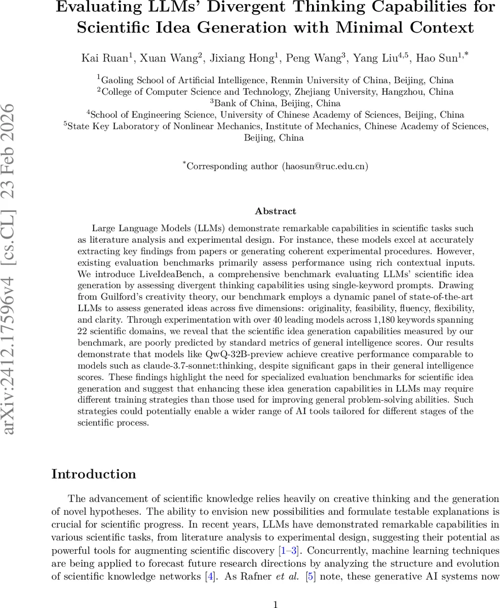 Evaluating LLMs' Divergent Thinking Capabilities for Scientific Idea Generation with Minimal Context