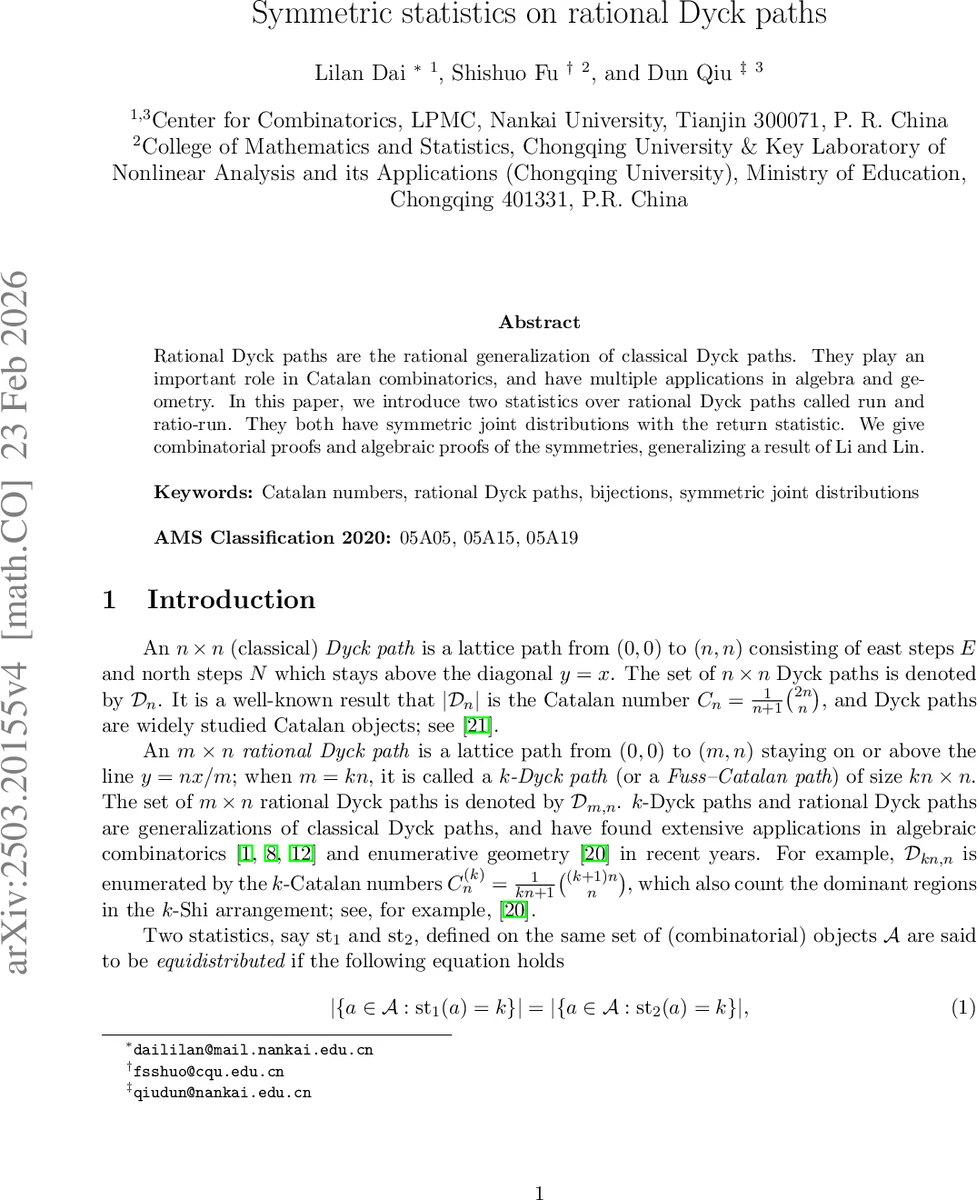 Symmetric statistics on rational Dyck paths