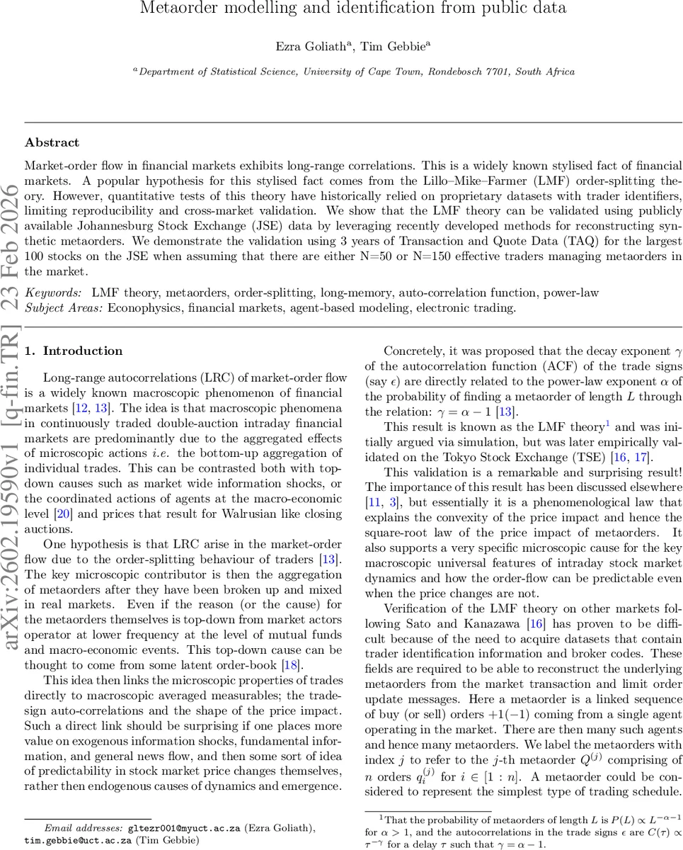 Metaorder modelling and identification from public data