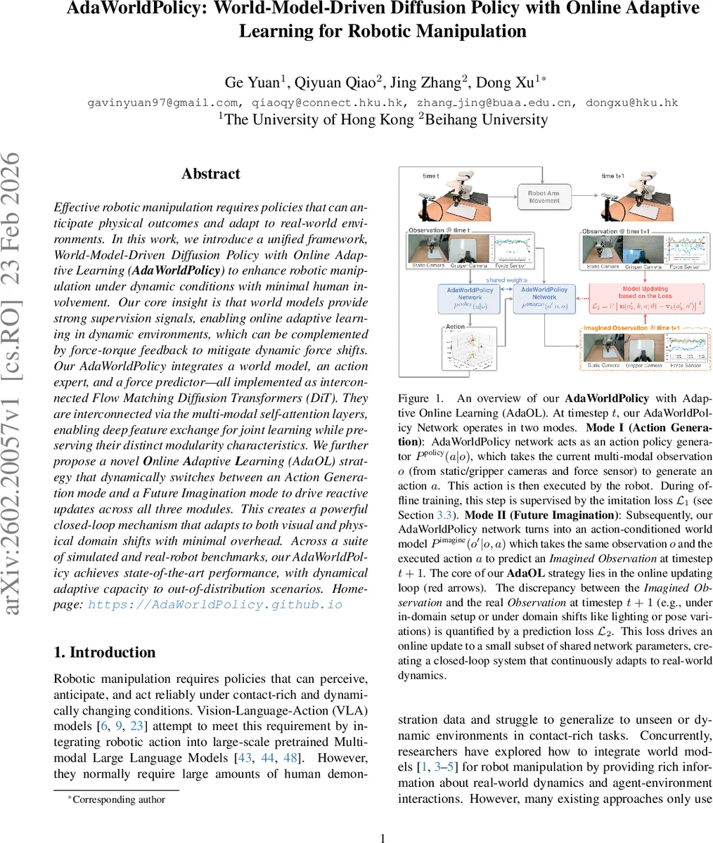 AdaWorldPolicy: World-Model-Driven Diffusion Policy with Online Adaptive Learning for Robotic Manipulation