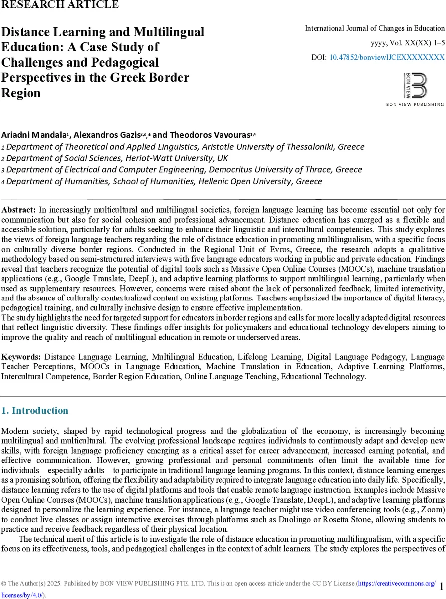 Distance Learning and Multilingual Education: A Case Study of Challenges and Pedagogical Perspectives in the Greek Border Region