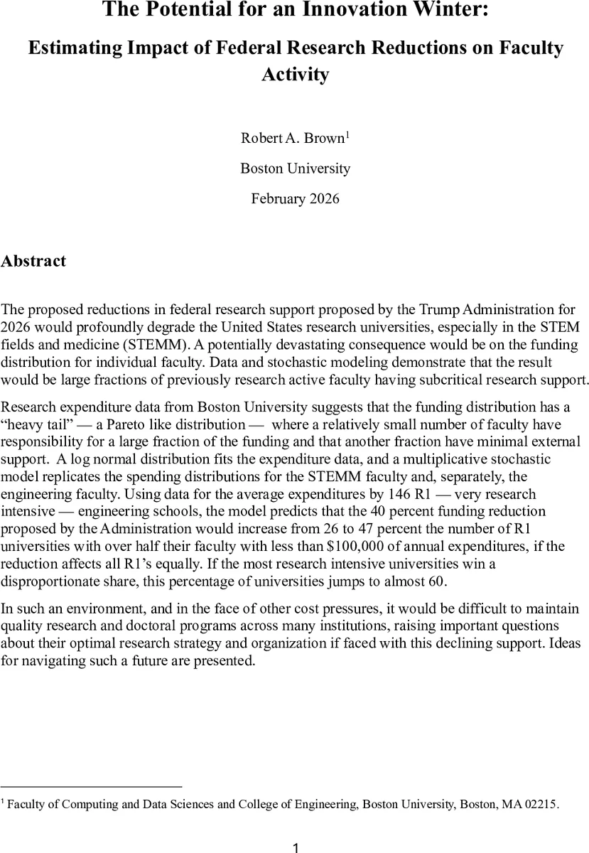 The Potential for an Innovation Winter: Estimating Impact of Federal Research Reductions on Faculty Activity