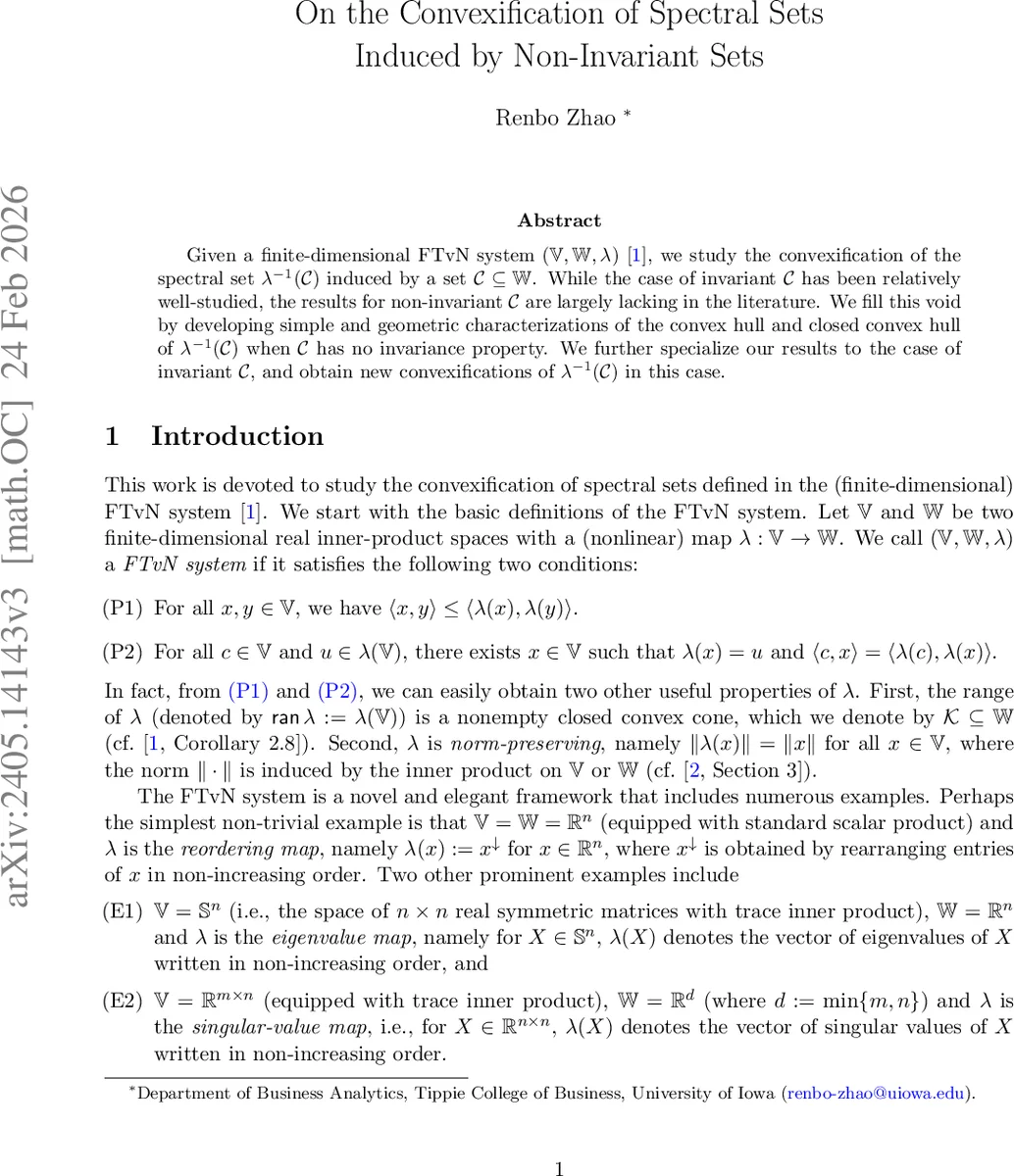 On the Convexification of Spectral Sets Induced by Non-Invariant Sets