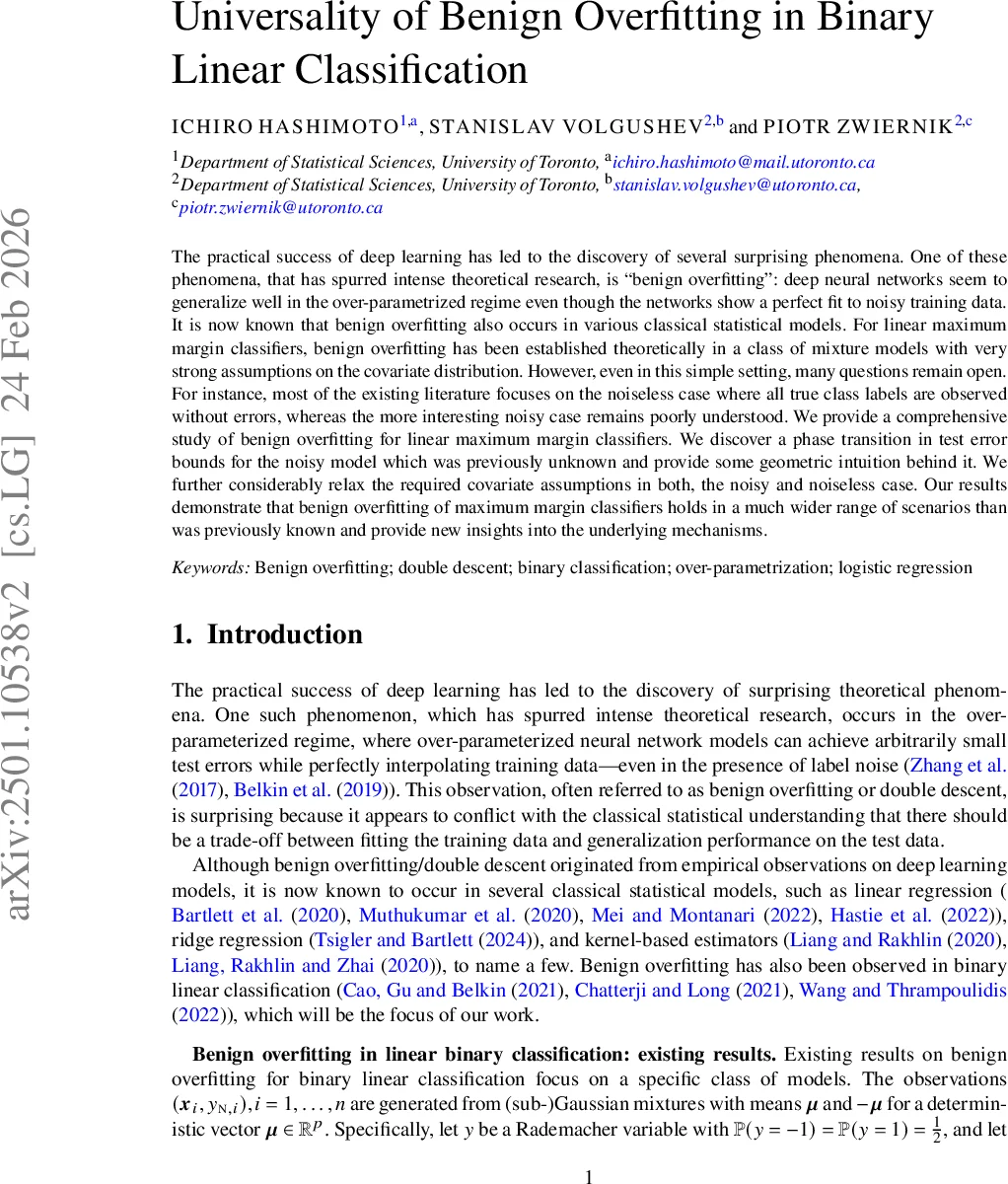 Universality of Benign Overfitting in Binary Linear Classification