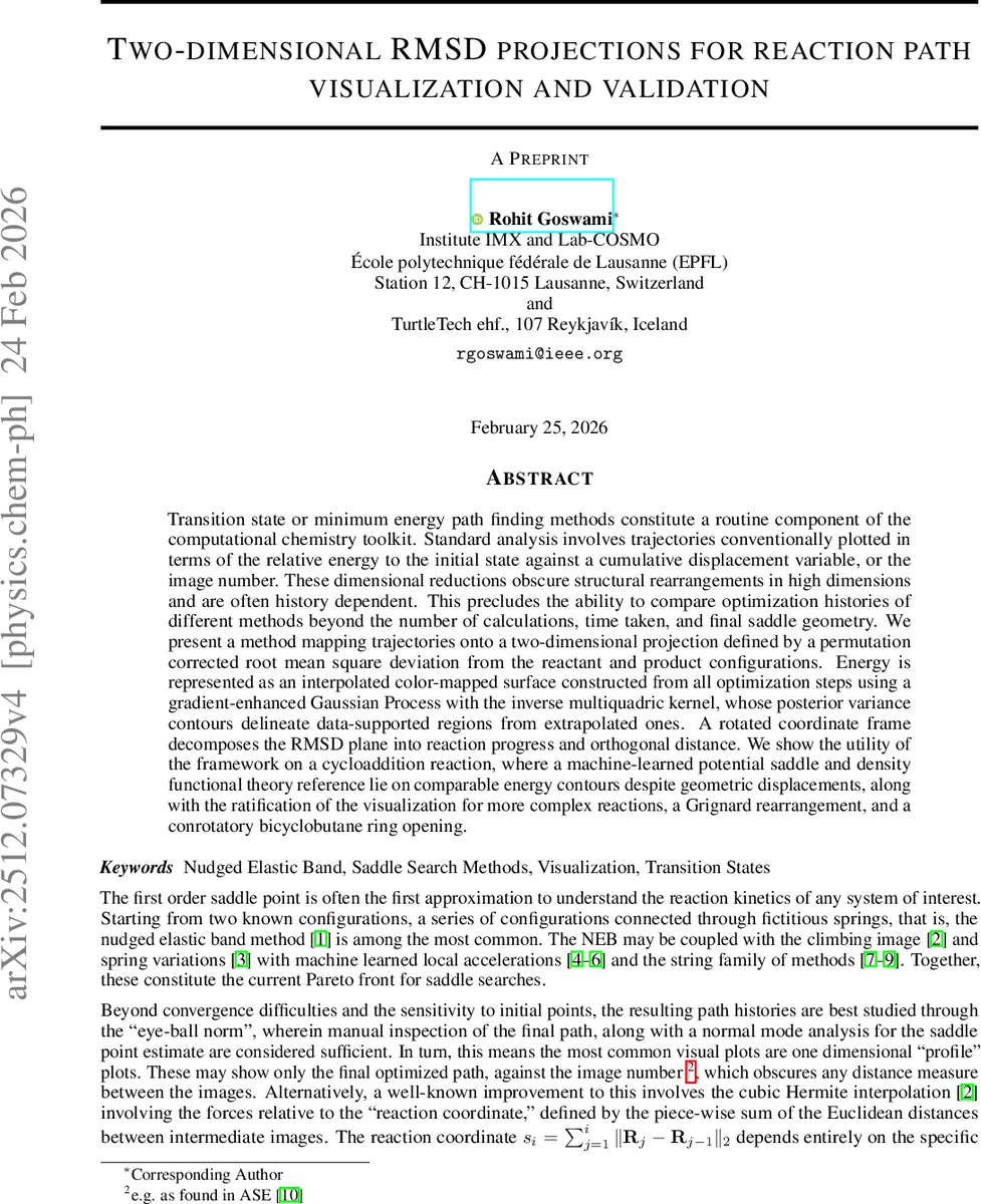 Two-dimensional RMSD projections for reaction path visualization and validation