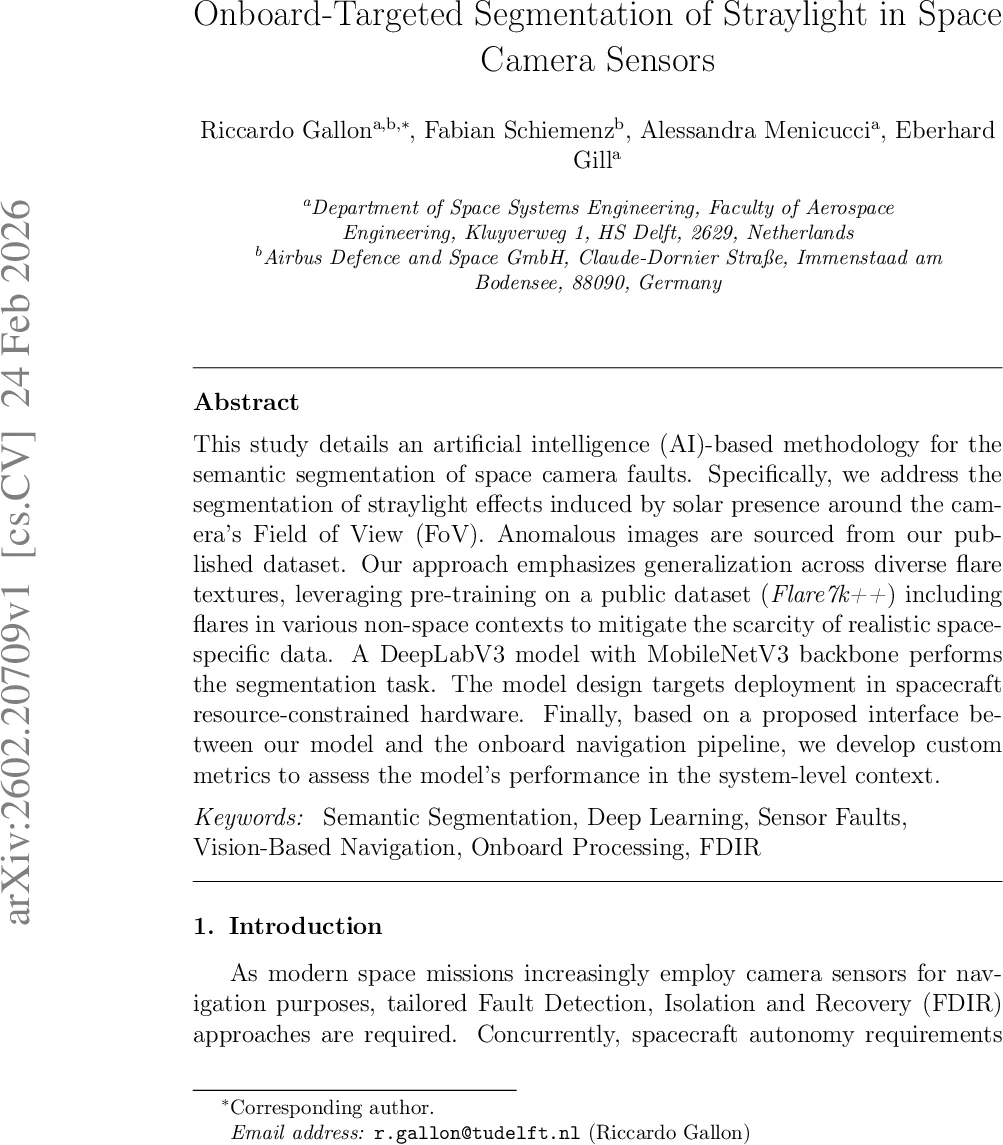 Onboard-Targeted Segmentation of Straylight in Space Camera Sensors