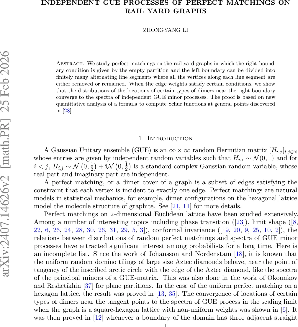 Independent GUE minor processes of perfect matchings on rail-yard graphs