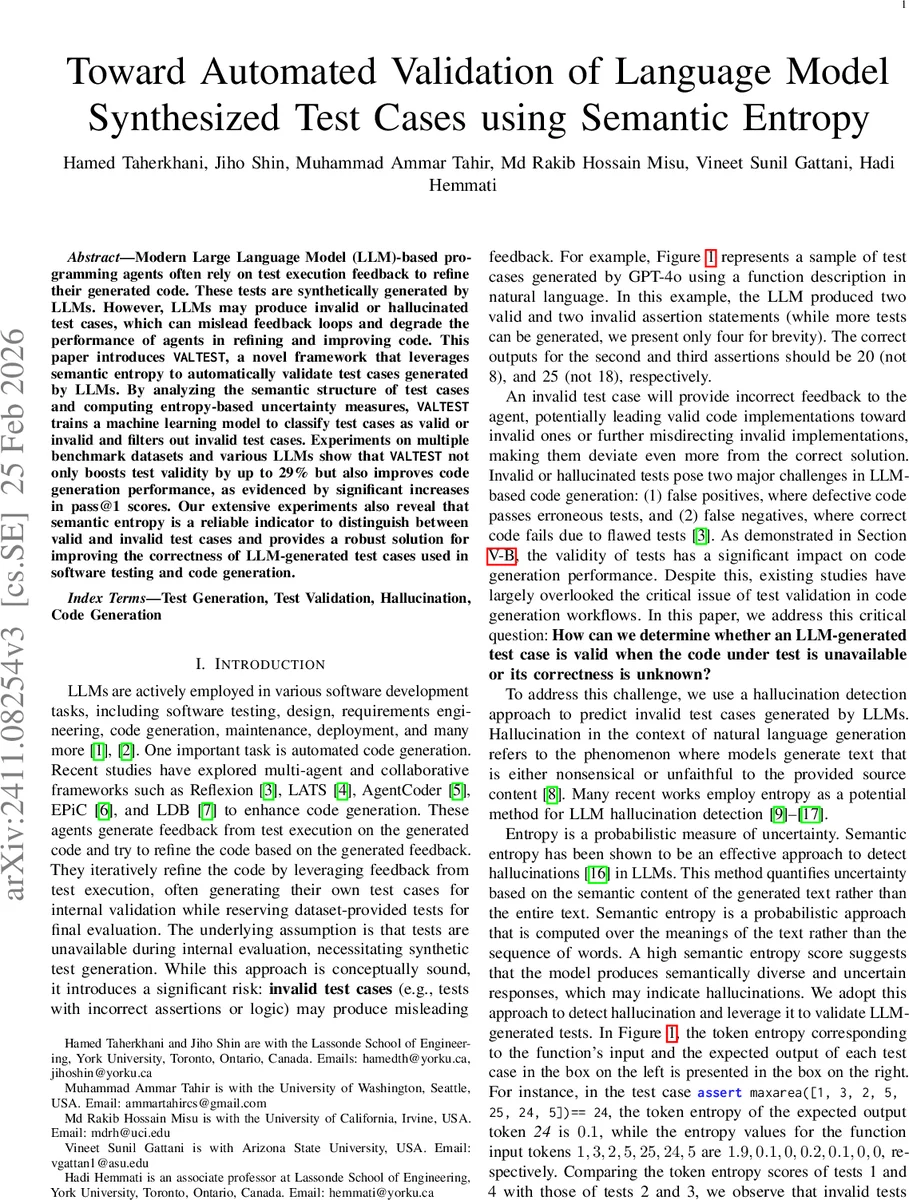 Toward Automated Validation of Language Model Synthesized Test Cases using Semantic Entropy