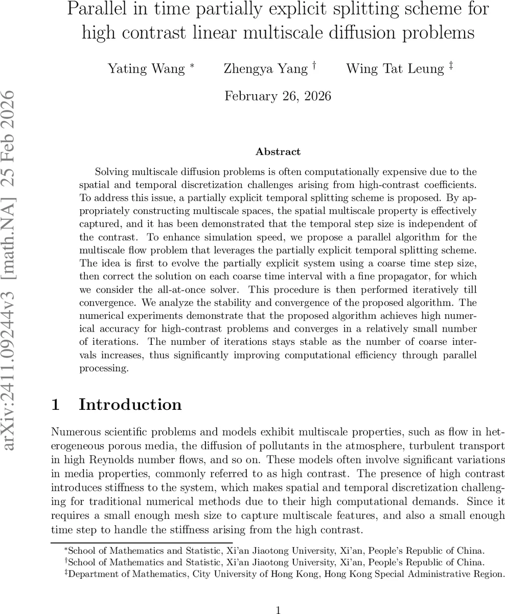 Parallel in time partially explicit splitting scheme for high contrast linear multiscale diffusion problems