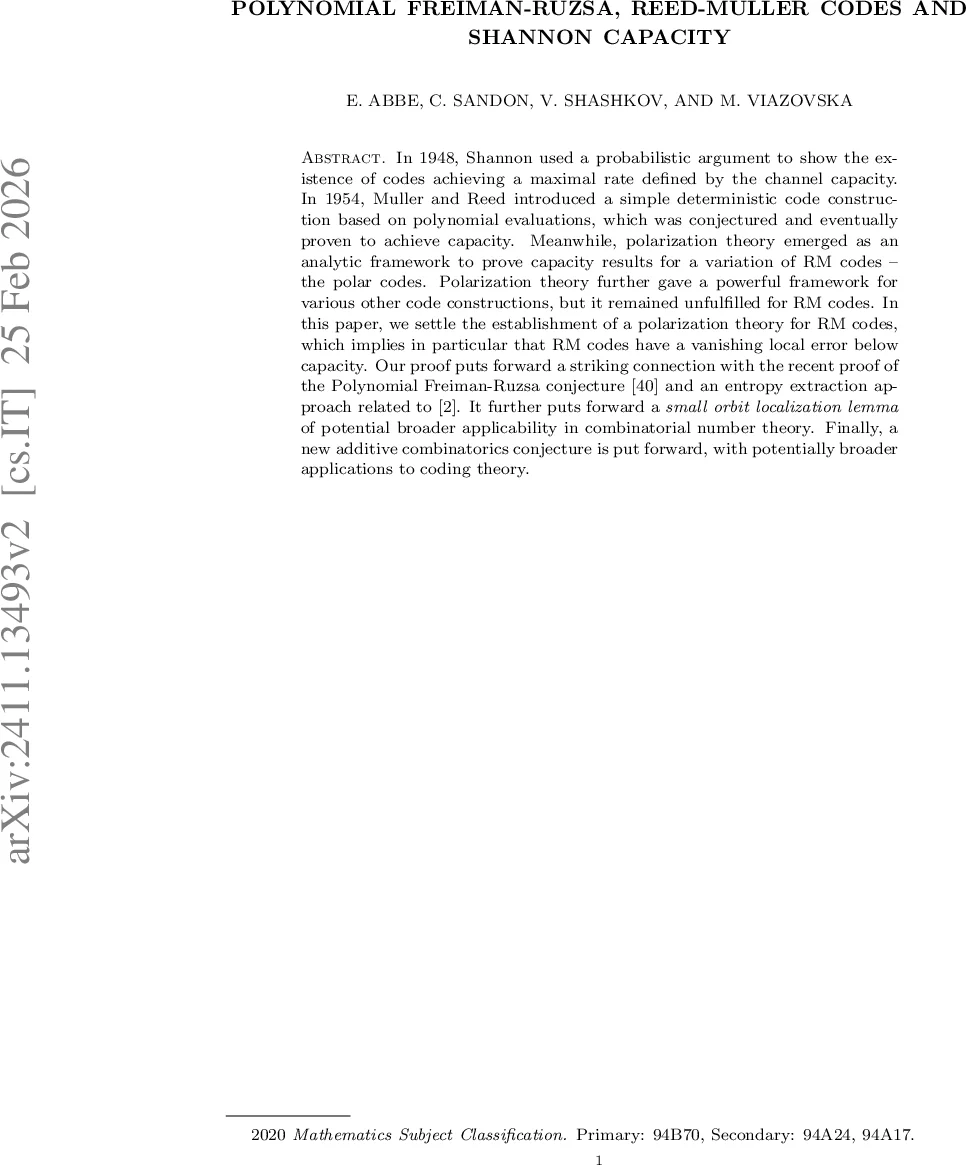 Polynomial Freiman-Ruzsa, Reed-Muller codes and Shannon capacity