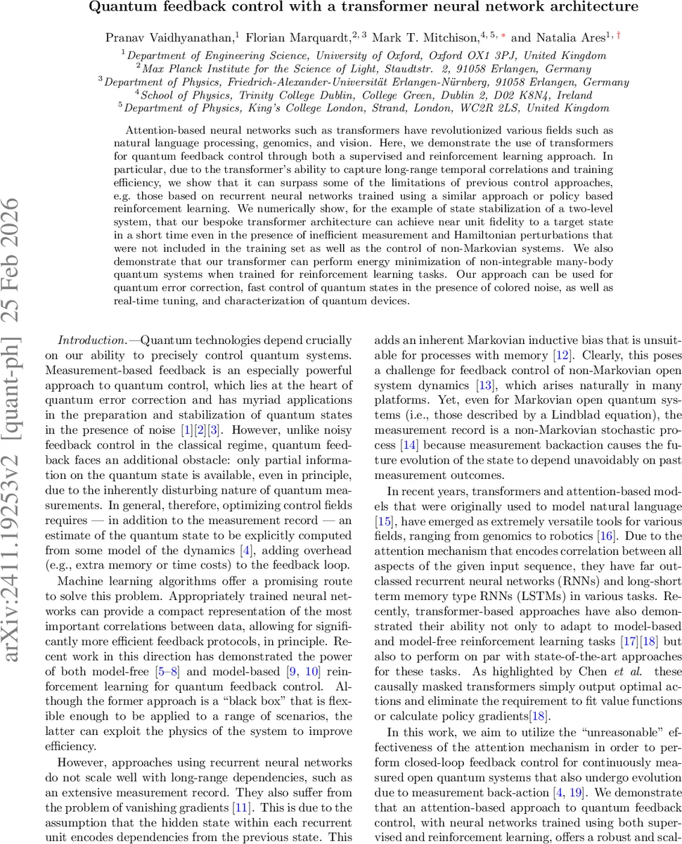 Quantum feedback control with a transformer neural network architecture