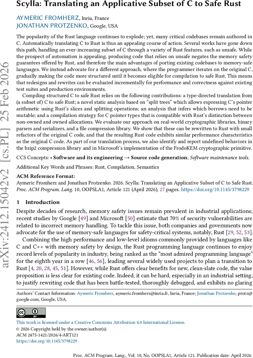 Scylla: Translating an Applicative Subset of C to Safe Rust