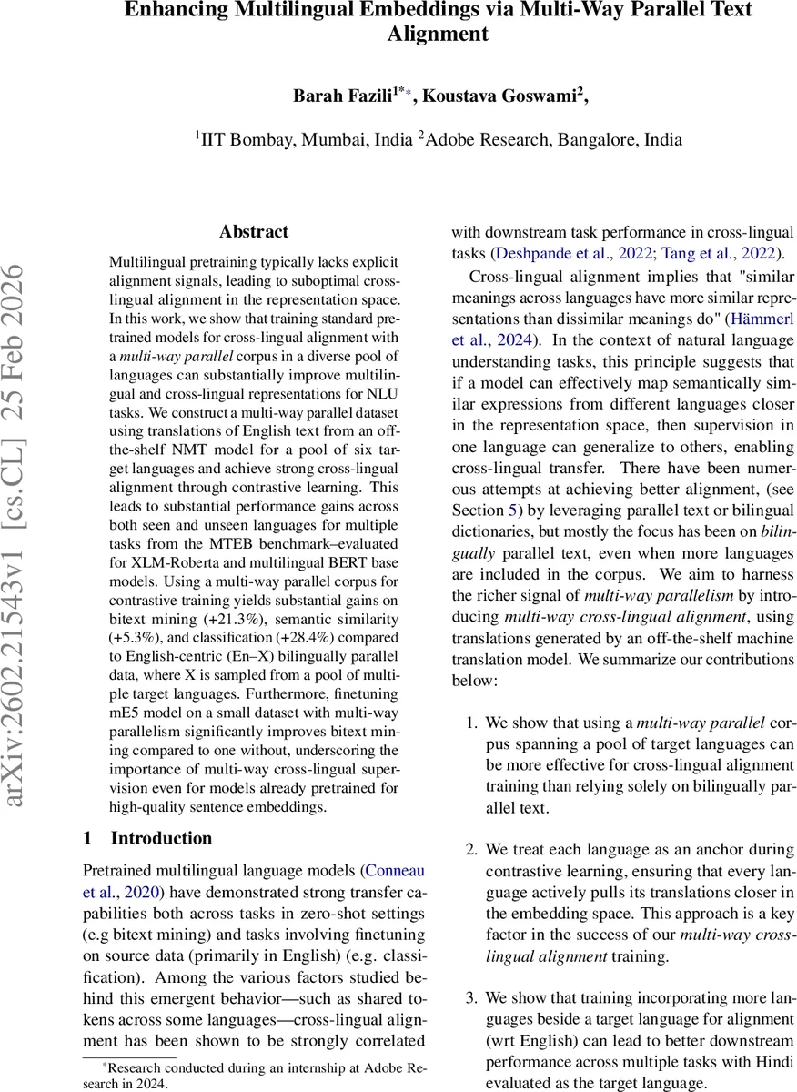 Enhancing Multilingual Embeddings via Multi-Way Parallel Text Alignment