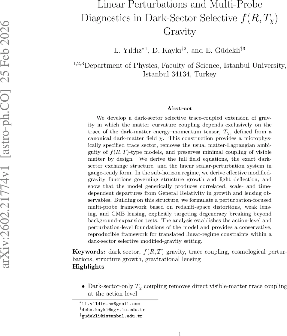 Linear Perturbations and Multi-Probe Diagnostics in Dark-Sector Selective $f(R,T_χ)$ Gravity