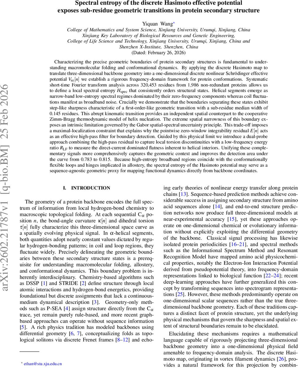 Spectral entropy of the discrete Hasimoto effective potential exposes sub-residue geometric transitions in protein secondary structure