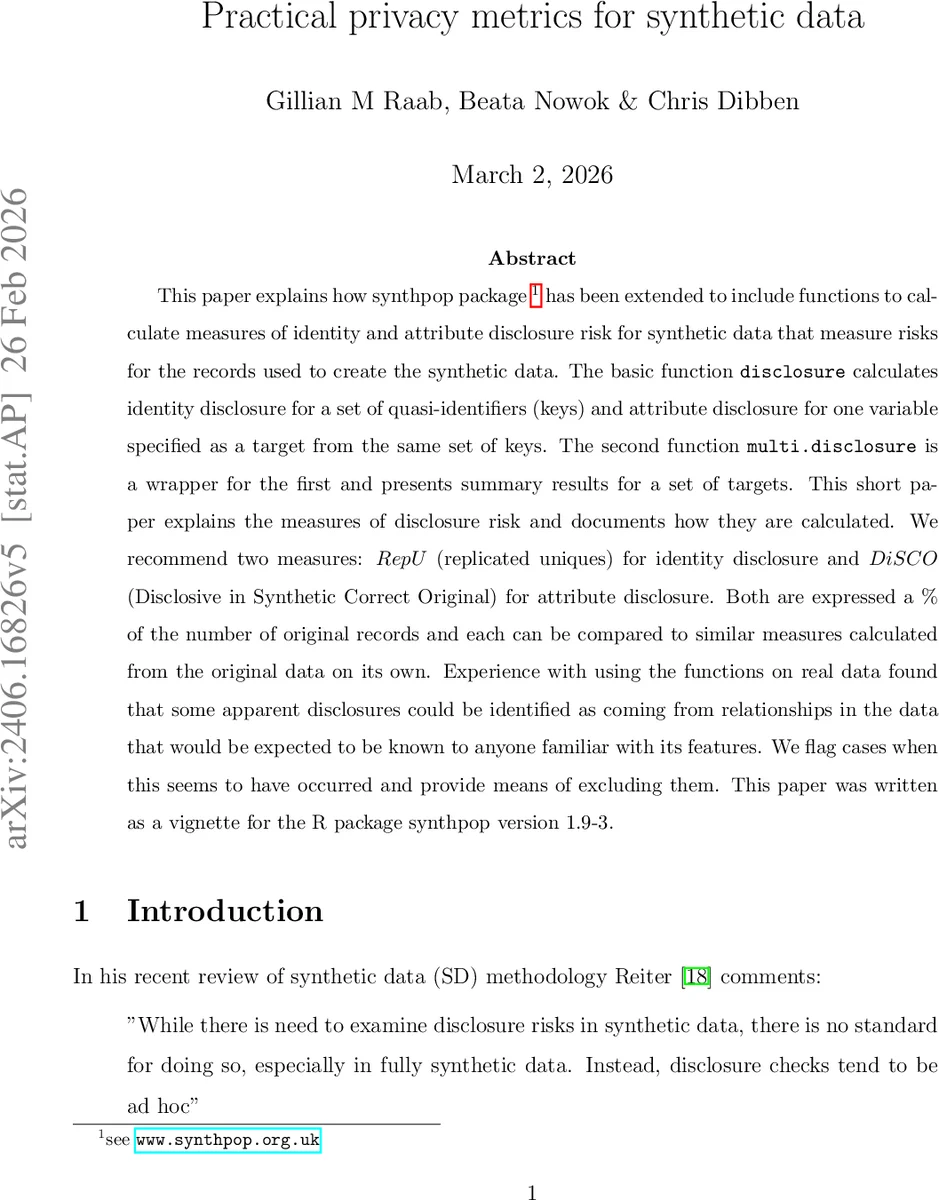 Practical privacy metrics for synthetic data