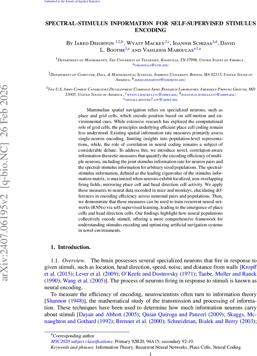Spectral-Stimulus Information for Self-Supervised Stimulus Encoding