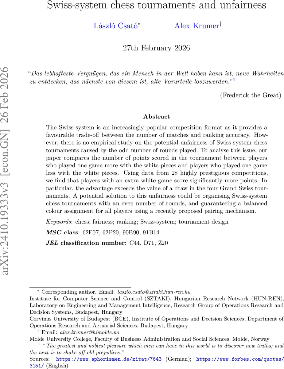 Swiss-system chess tournaments and unfairness