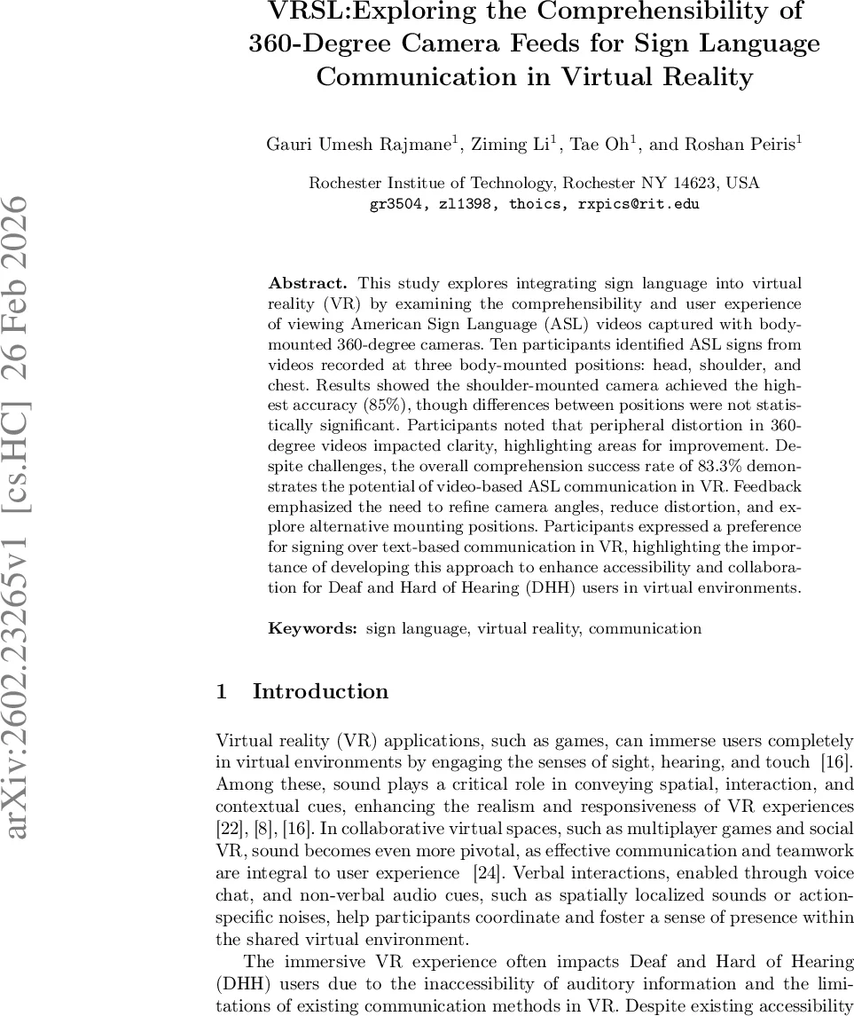 VRSL:Exploring the Comprehensibility of 360-Degree Camera Feeds for Sign Language Communication in Virtual Reality