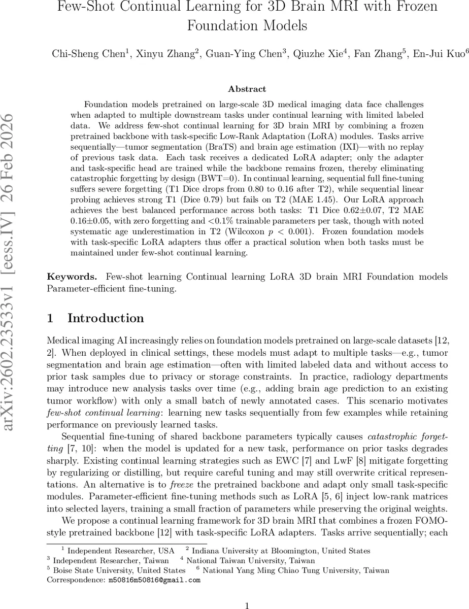Few-Shot Continual Learning for 3D Brain MRI with Frozen Foundation Models