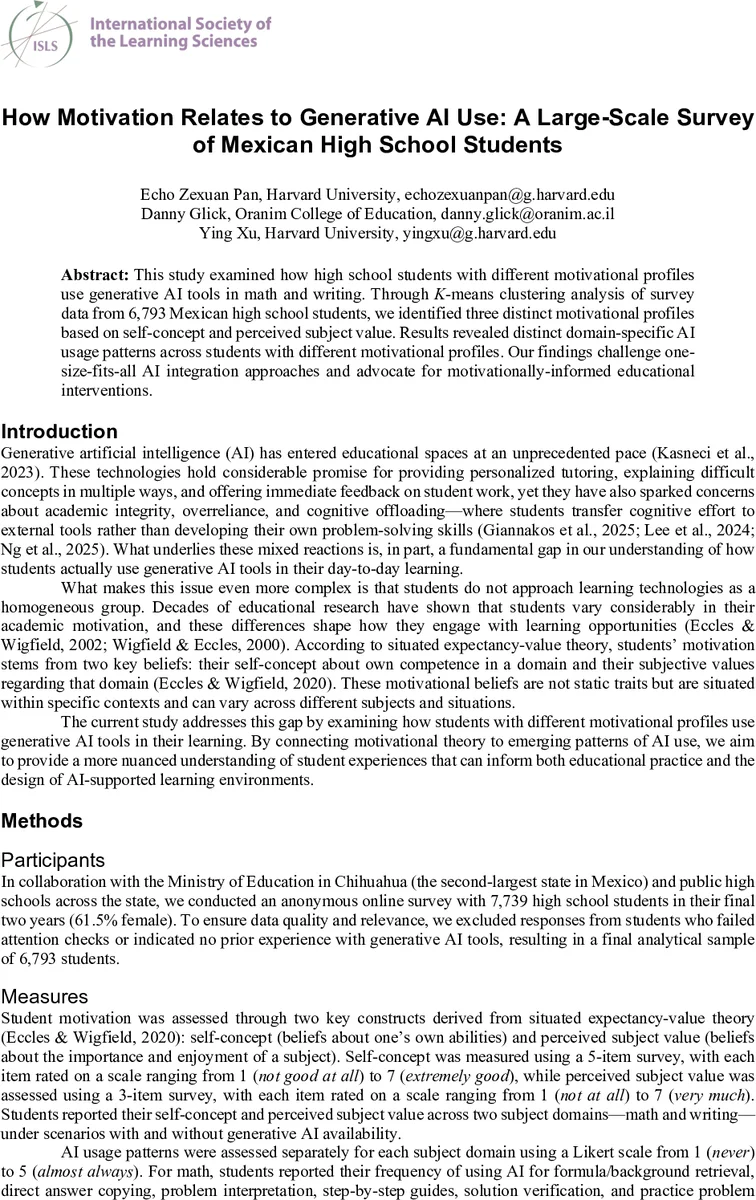 How Motivation Relates to Generative AI Use: A Large-Scale Survey of Mexican High School Students