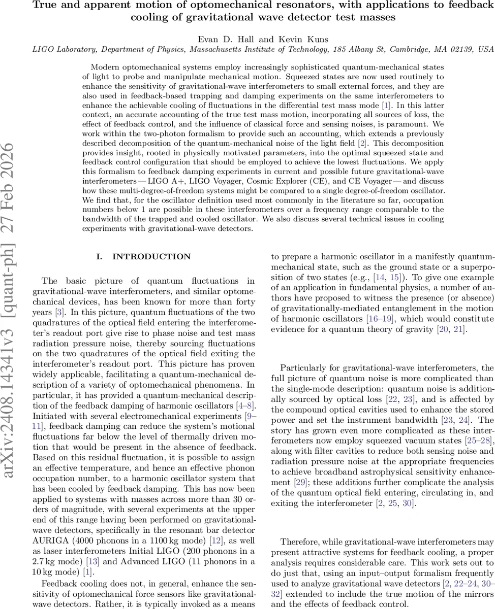 True and apparent motion of optomechanical resonators, with applications to feedback cooling of gravitational wave detector test masses