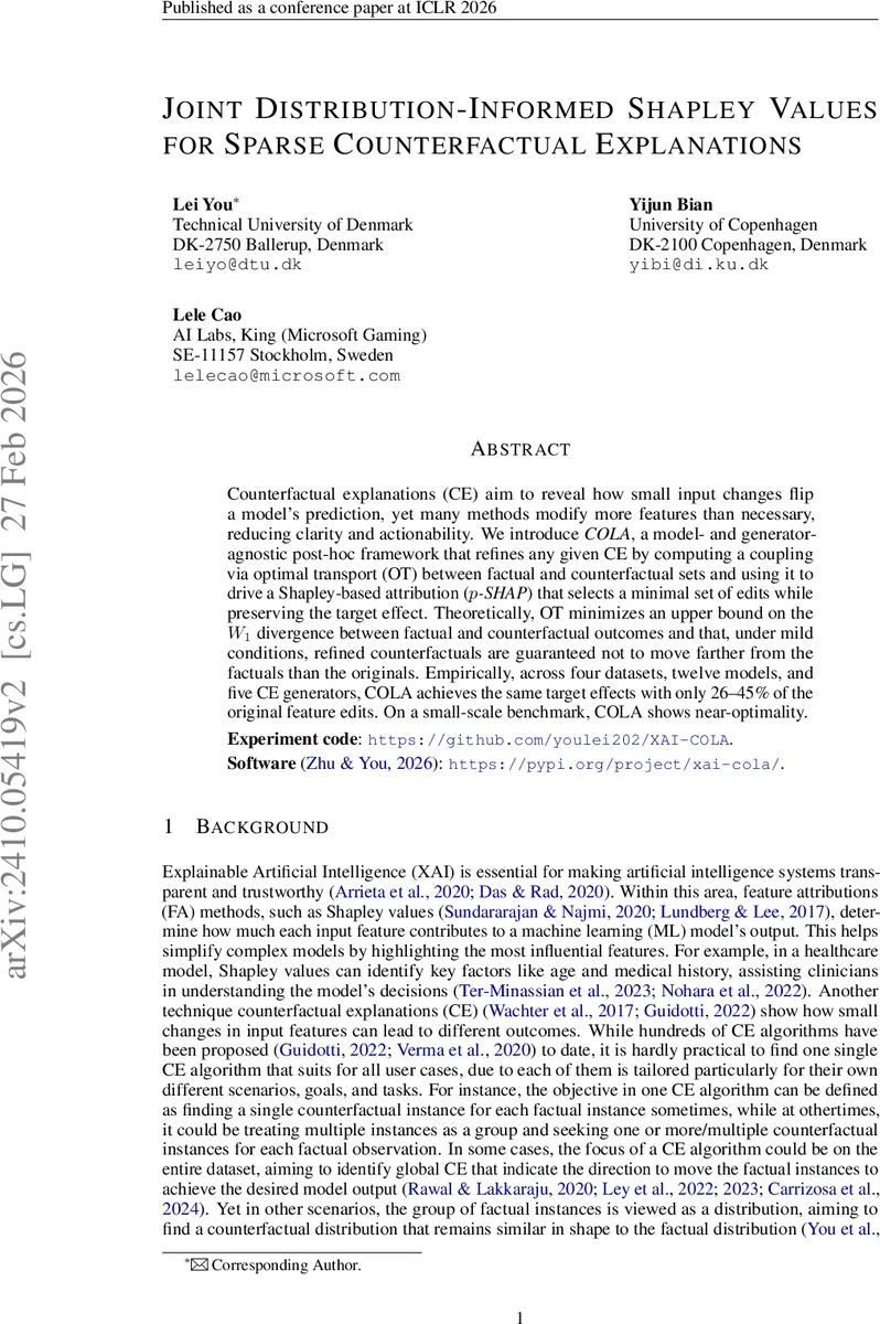 Joint Distribution-Informed Shapley Values for Sparse Counterfactual Explanations