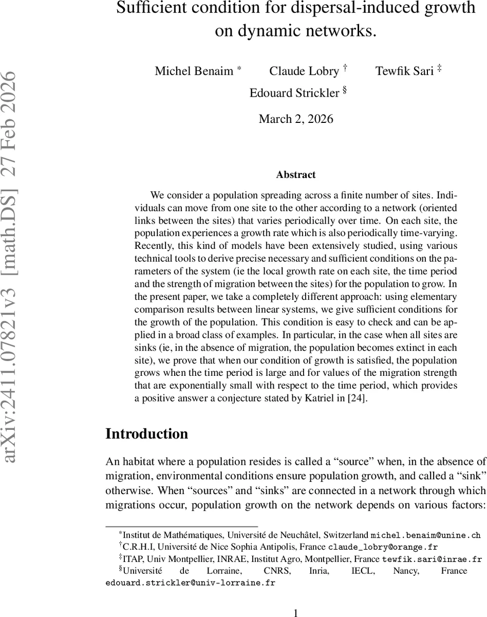 Sufficient condition for dispersal-induced growth on dynamic networks