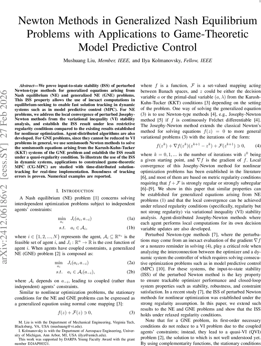 Newton Methods in Generalized Nash Equilibrium Problems with Applications to Game-Theoretic Model Predictive Control