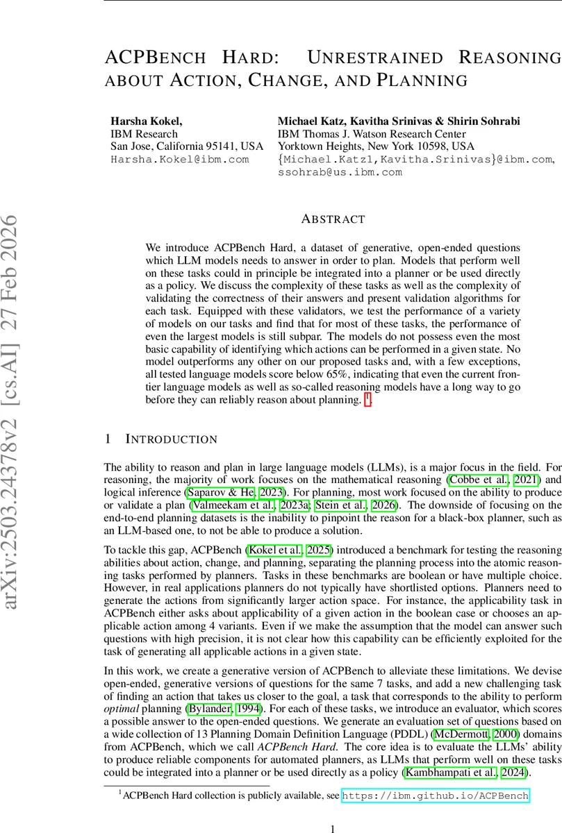 ACPBench Hard: Unrestrained Reasoning about Action, Change, and Planning