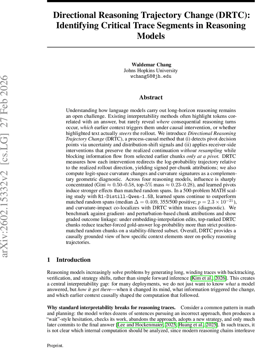 Directional Reasoning Trajectory Change (DRTC): Identifying Critical Trace Segments in Reasoning Models