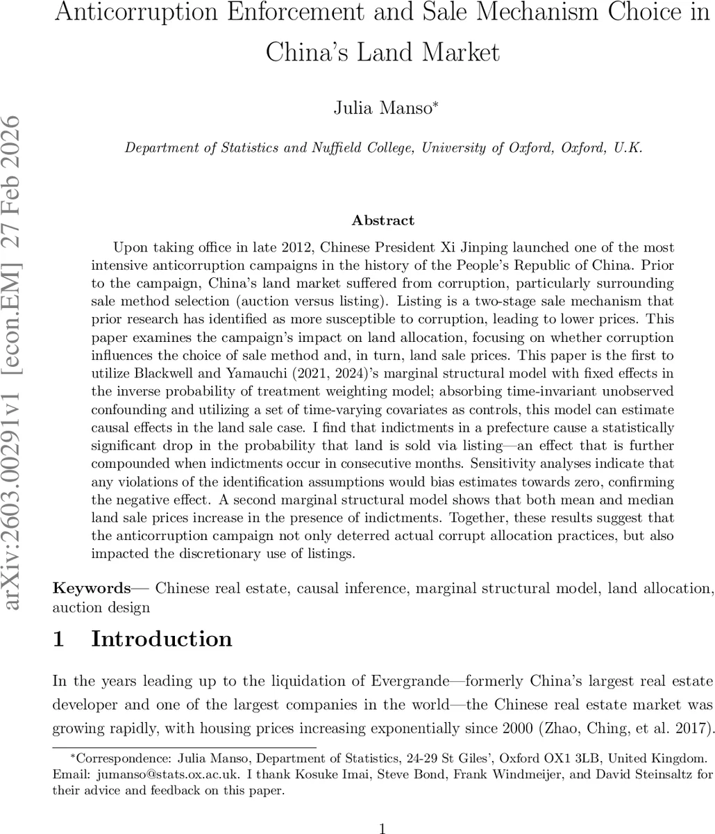 Anticorruption Enforcement and Sale Mechanism Choice in China's Land Market