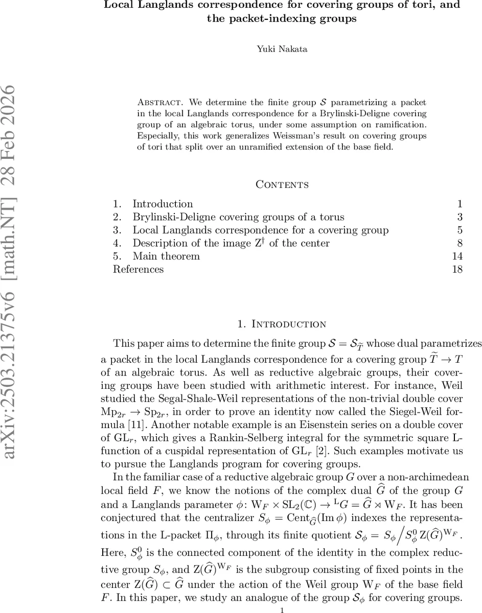 Local Langlands correspondence for covering groups of tori, and the packet-indexing groups