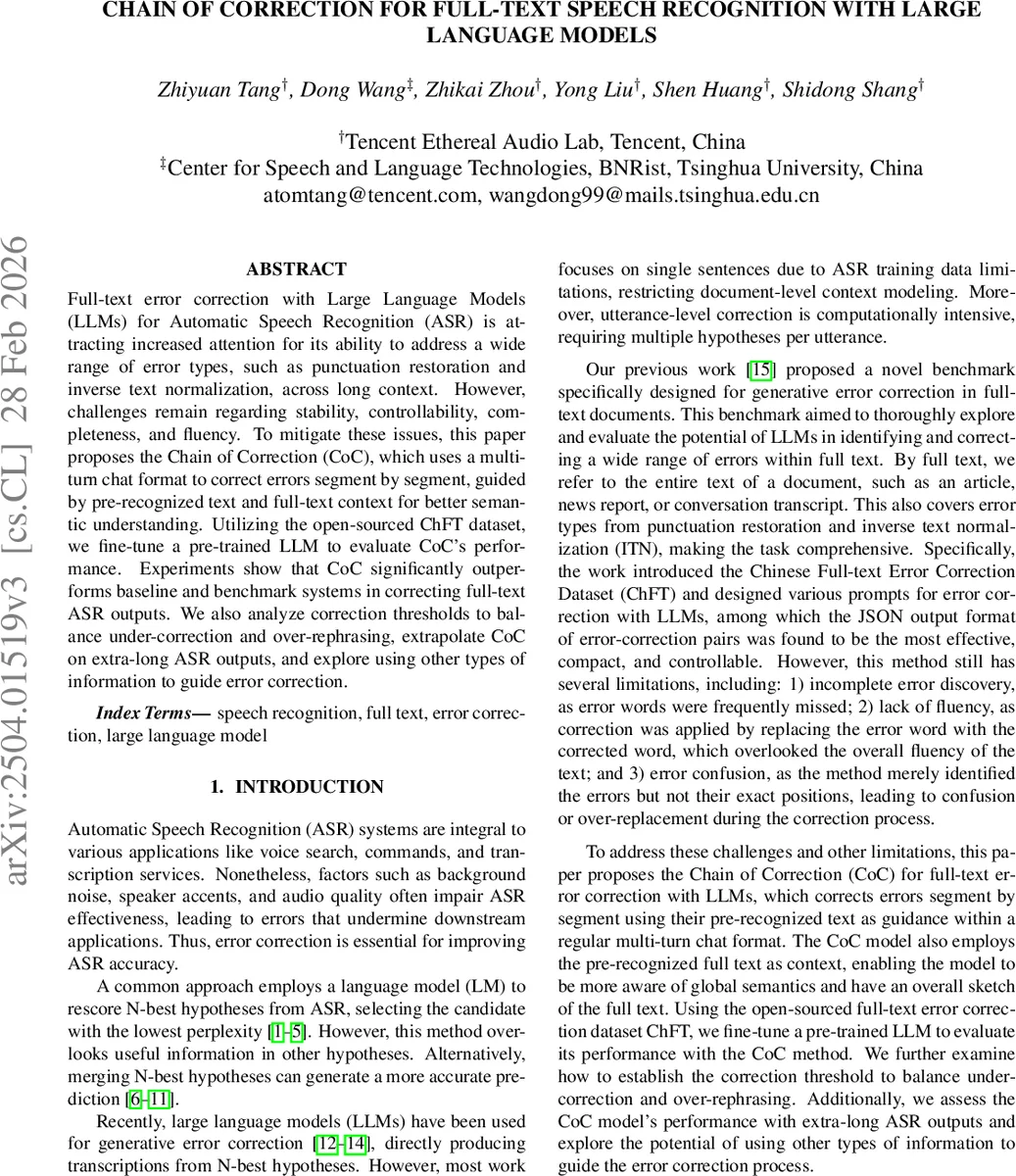 Chain of Correction for Full-text Speech Recognition with Large Language Models