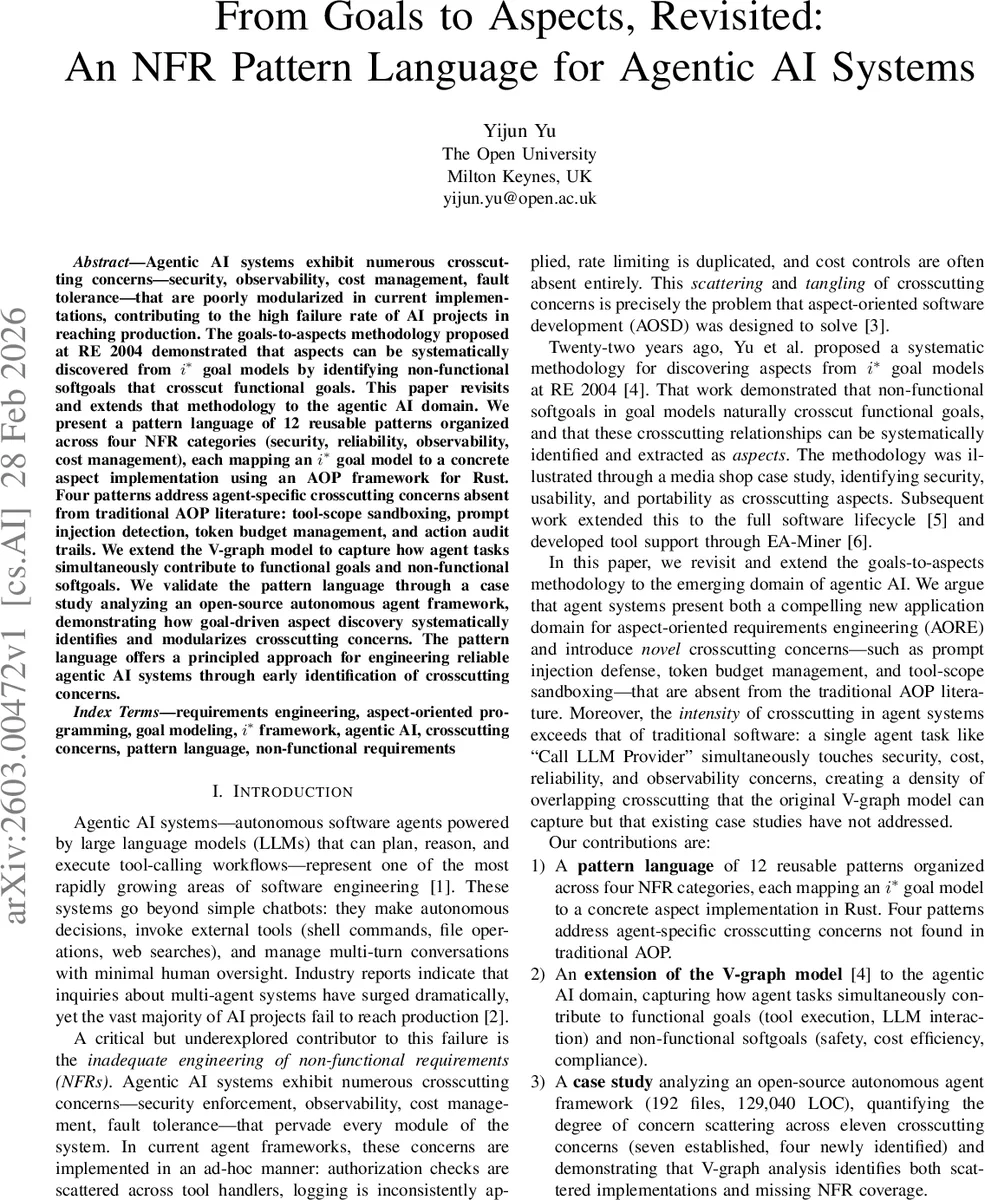 From Goals to Aspects, Revisited: An NFR Pattern Language for Agentic AI Systems