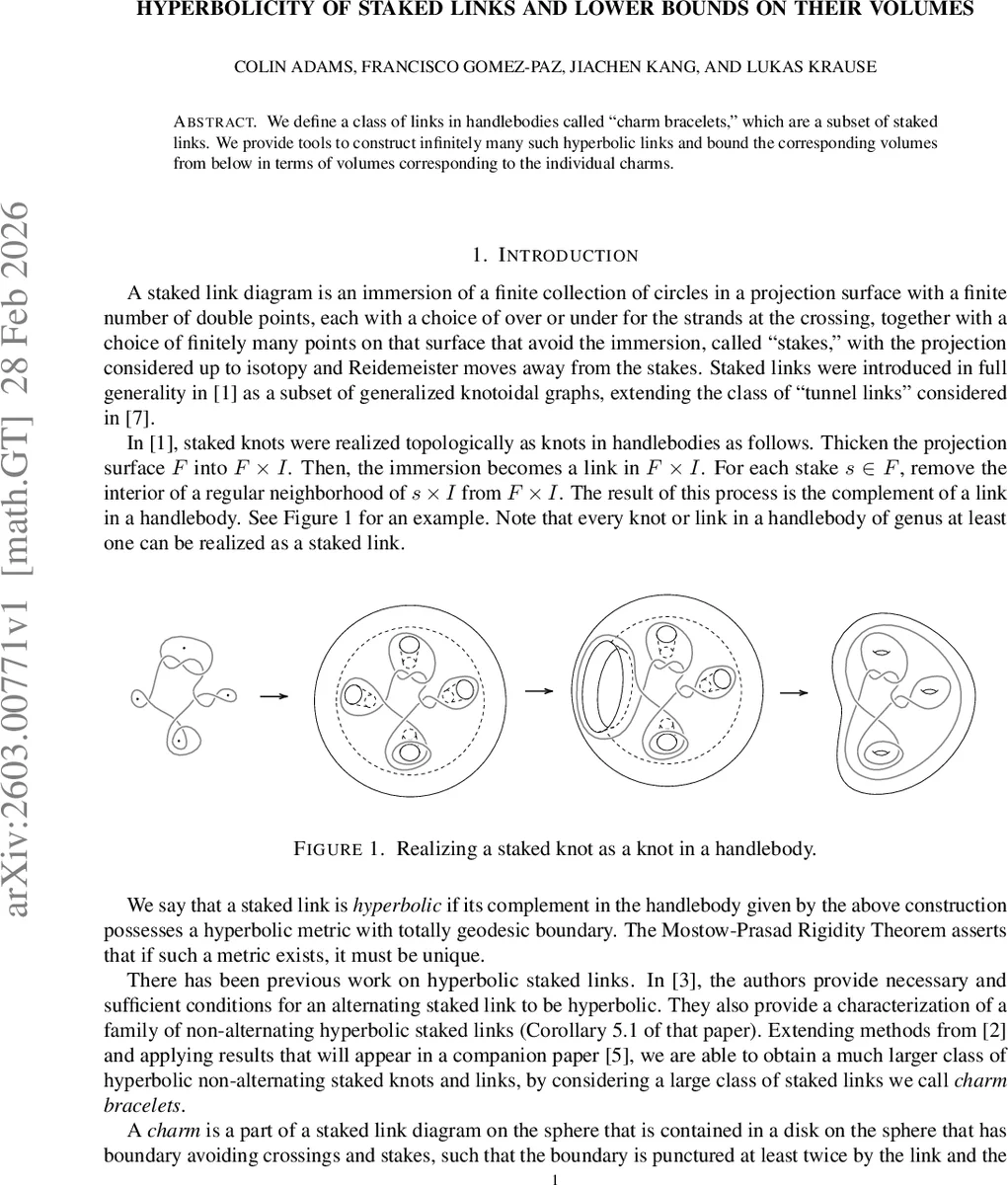 Hyperbolicity of Staked Links and Lower Bounds on Their Volumes