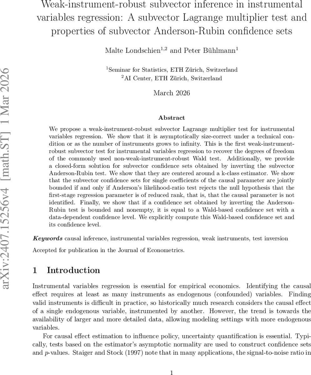 Weak-instrument-robust subvector inference in instrumental variables regression: A subvector Lagrange multiplier test and properties of subvector Anderson-Rubin confidence sets