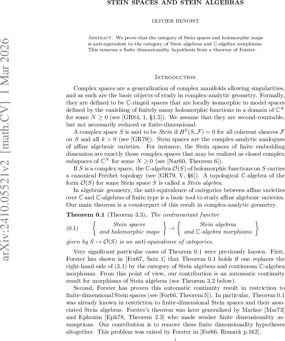 Stein spaces and Stein algebras