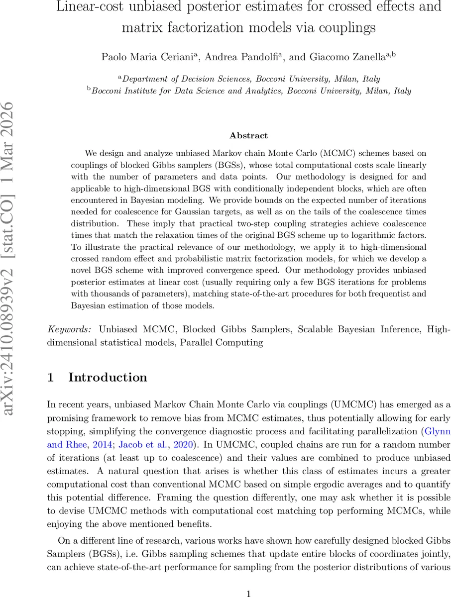 Linear-cost unbiased posterior estimates for crossed effects and matrix factorization models via couplings