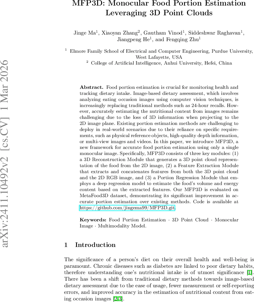 MFP3D: Monocular Food Portion Estimation Leveraging 3D Point Clouds