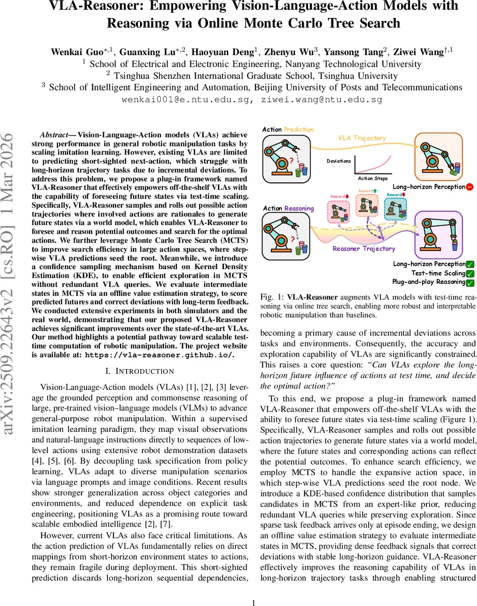 VLA-Reasoner: Empowering Vision-Language-Action Models with Reasoning via Online Monte Carlo Tree Search