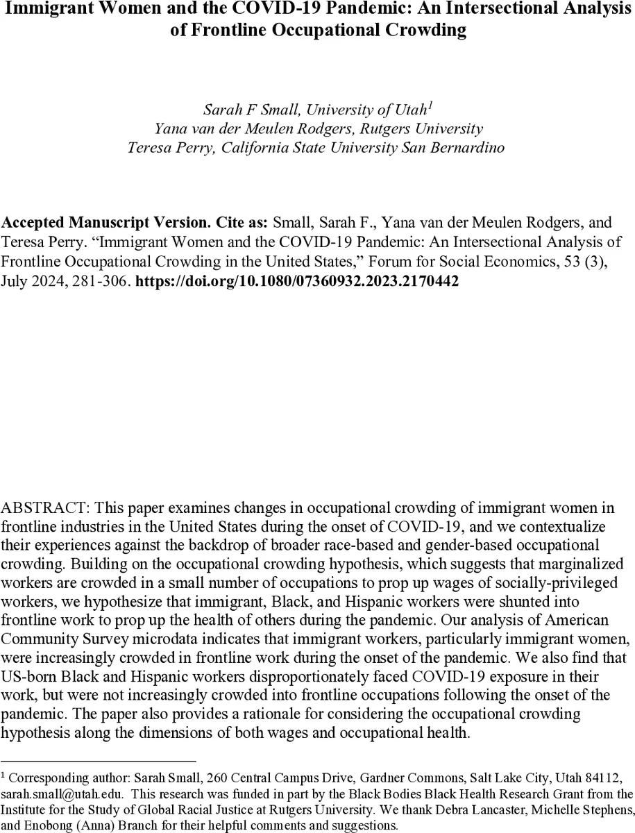 Immigrant Women and the COVID-19 Pandemic: An Intersectional Analysis of Frontline Occupational Crowding in the United States